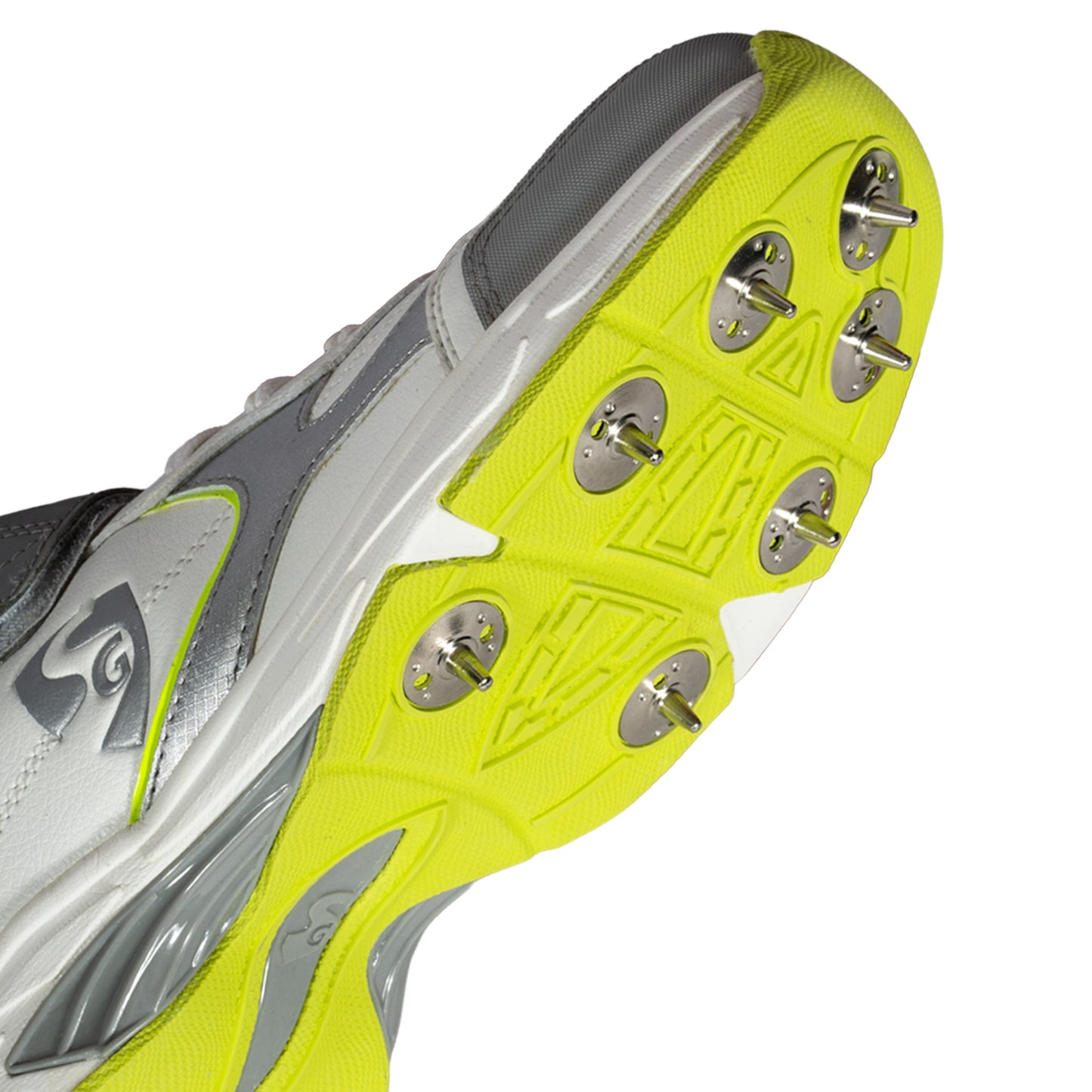 SG ARMOUR SPIKE Cricket Shoes in White/Grey/Lime – Your Ultimate Cricket Companion