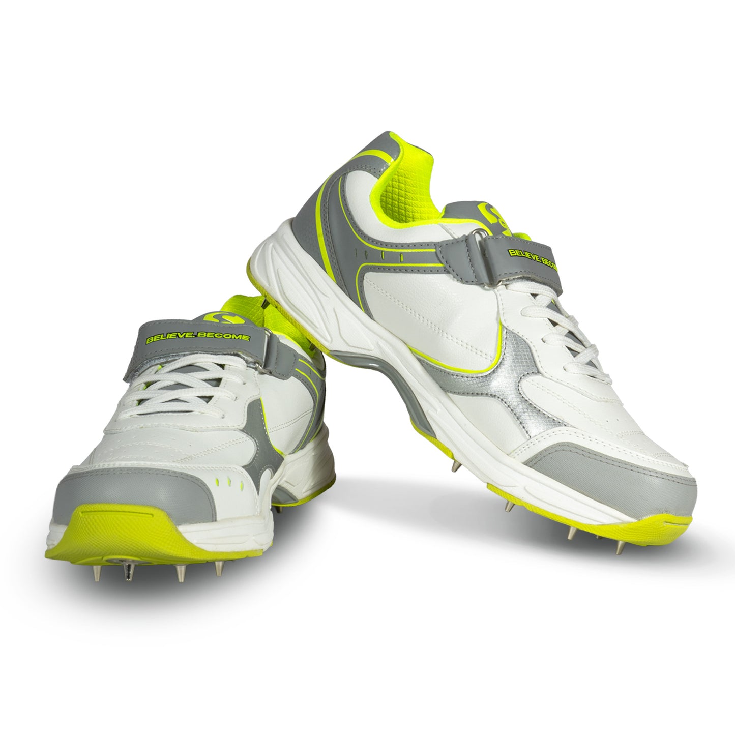 SG ARMOUR SPIKE Cricket Shoes in White/Grey/Lime – Your Ultimate Cricket Companion