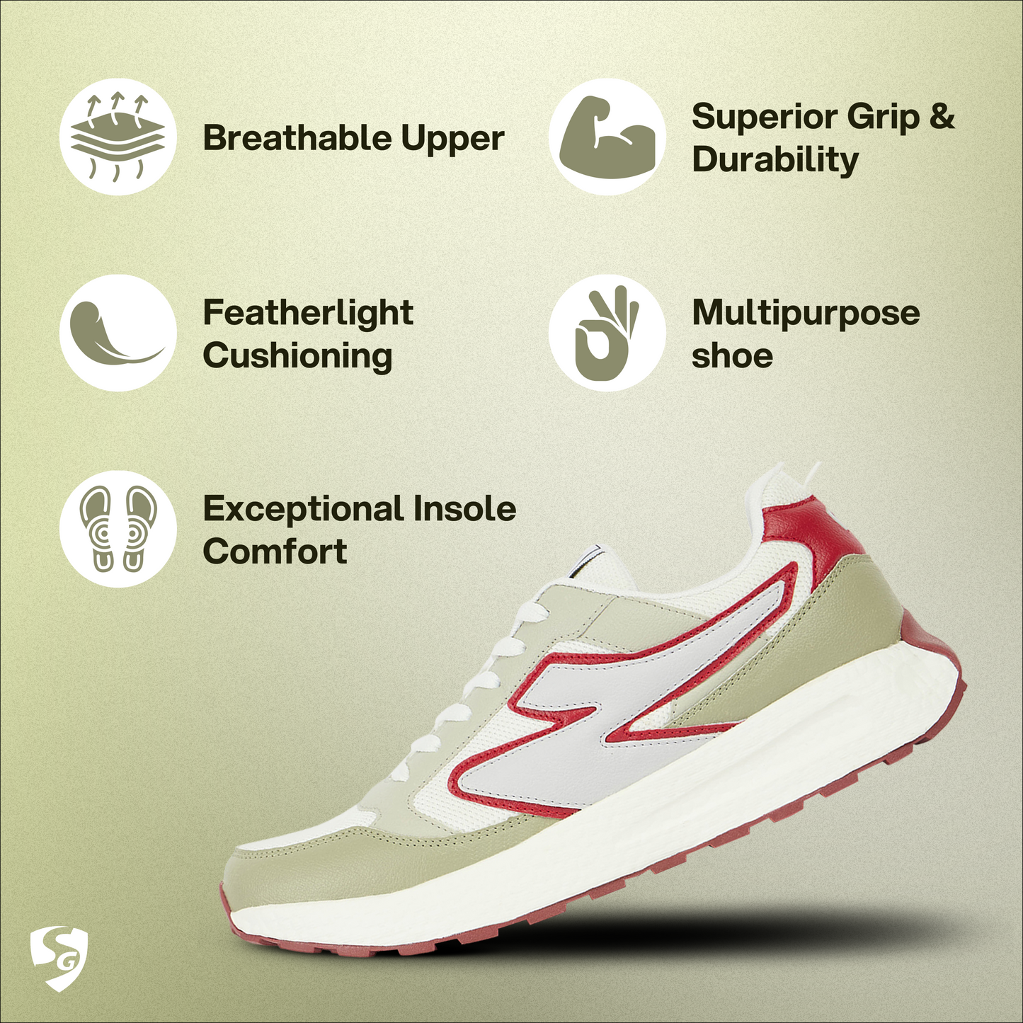 SG CREST Lifestyle Shoes (Red/White/Beige) – Soft Cushioning, Breathable Fit & All-Day Comfort - Unisex