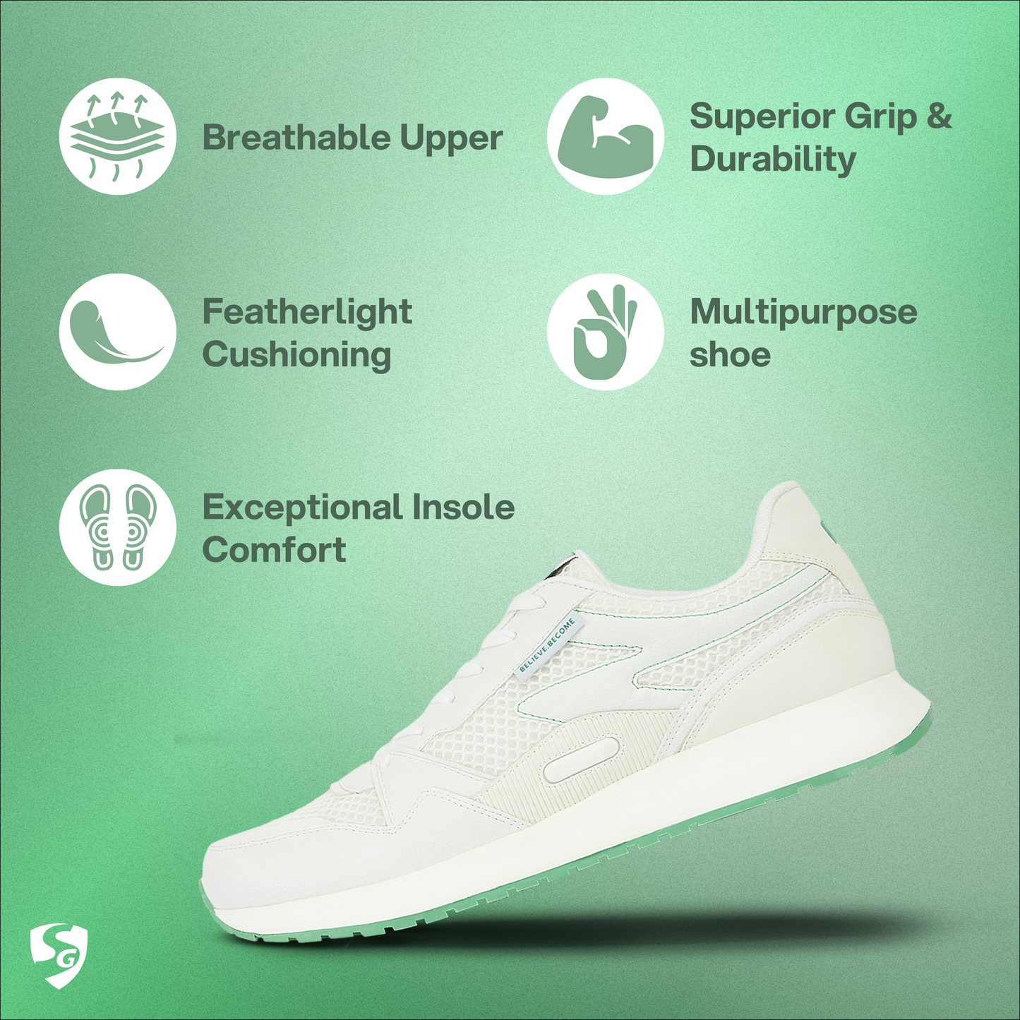 SG COSMOS Lifestyle Shoes (White/Green) – Soft Cushioning, Durable Grip & Modern Style - Unisex