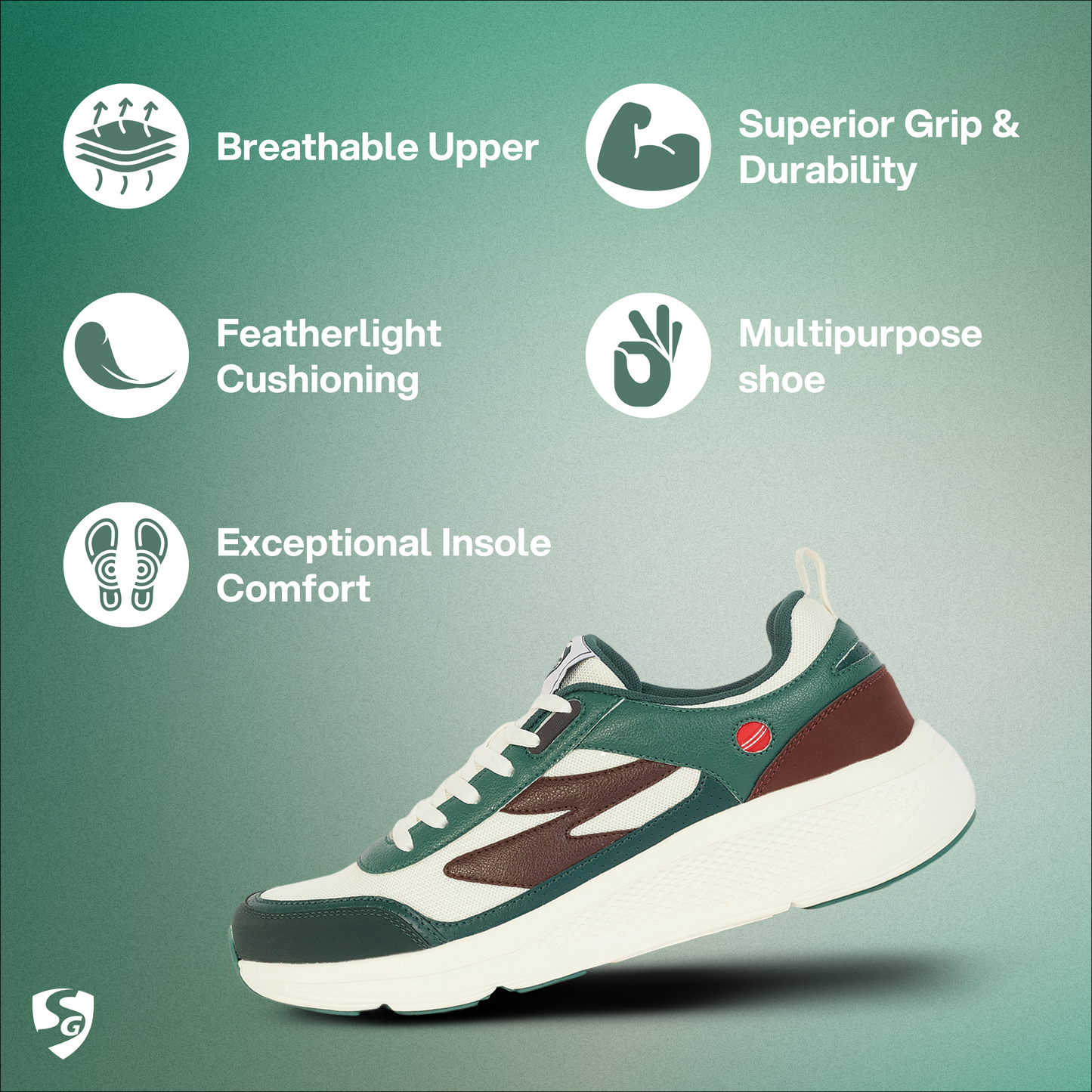 SG Arena Running Shoes ( GREEN/ WHITE / BROWN )