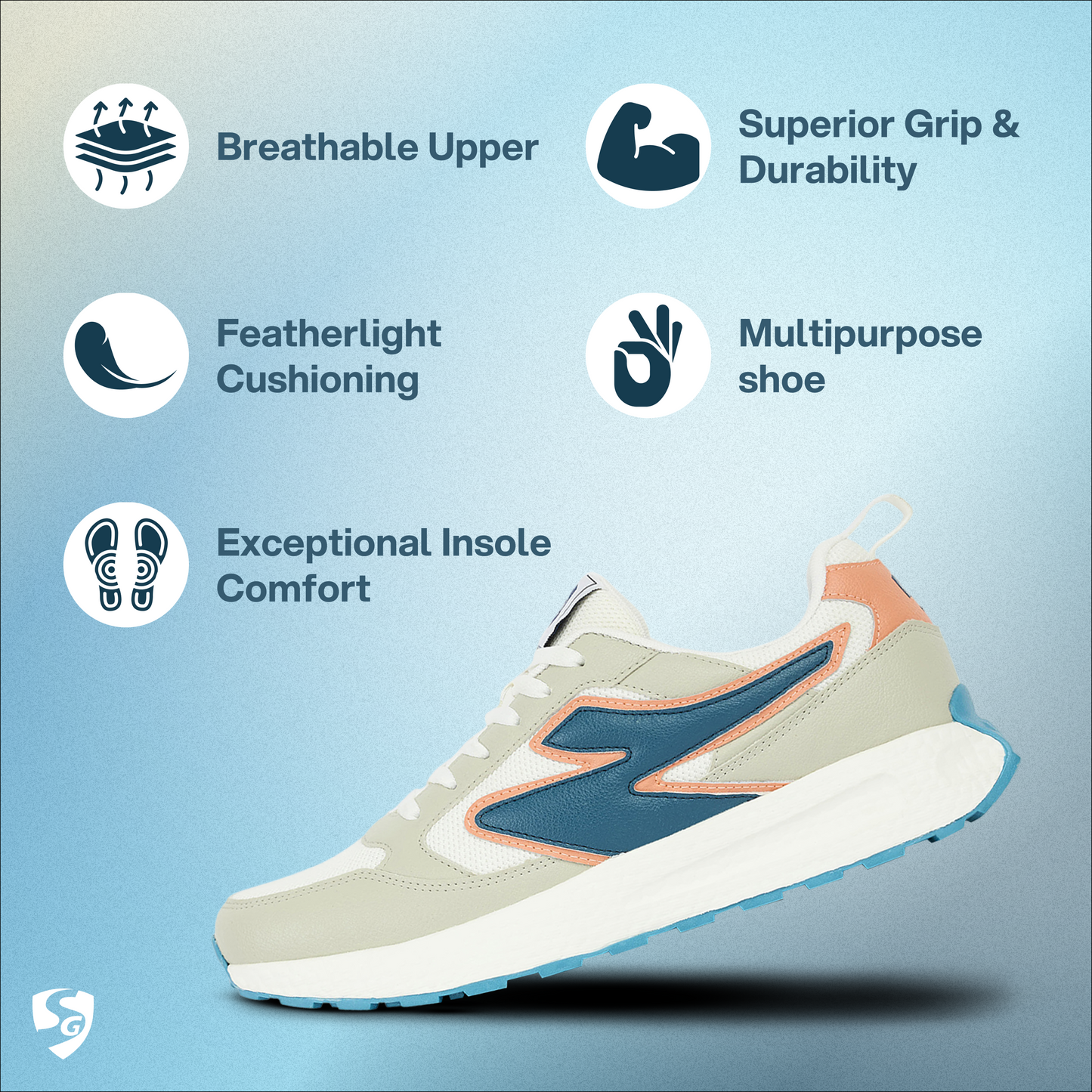 SG Crest RunCrest Running Shoes (White/Green/Beige) – Soft Cushioning, Breathable Fit & All-Day Comfort