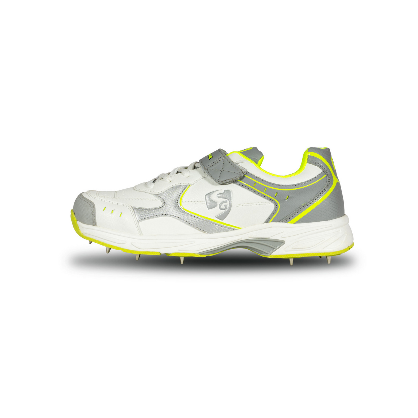 SG ARMOUR SPIKE Cricket Shoes in White/Grey/Lime – Your Ultimate Cricket Companion