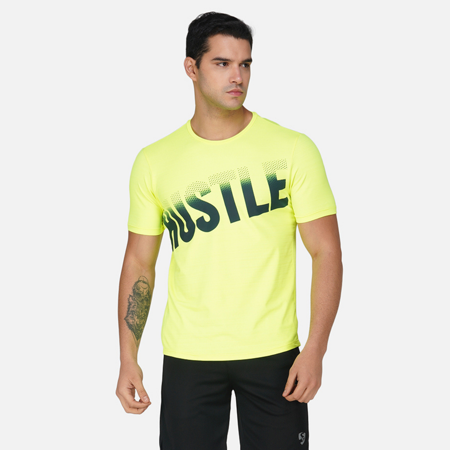 SG Round Neck Regular Comfort Fit T-Shirt For Mens & Boys, Fluro Yellow & Deep Black | Ideal for Trail Running, Fitness & Training, Jogging, Gym Wear & Fashion Wear