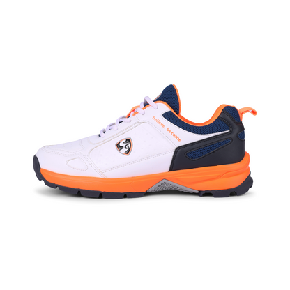 SG CLUB Cricket Shoe: Classic White with Navy and Orange
