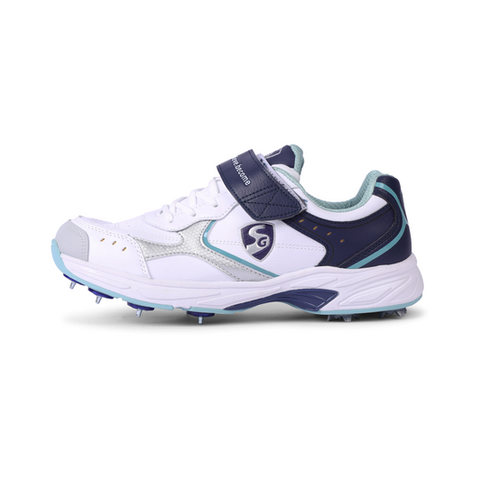 SG ARMOUR SPIKE Cricket Shoes : Unlock Peak Performance with Biomechanically Engineered Design and Advanced Stability (WHITE/NAVY/TEAL)