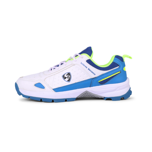 SG CLUB 6.0 Cricket Shoe: Classic White with Royal Blue and Lime Accents for Style and Performance