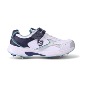 SG ARMOUR SPIKE Cricket Shoes : Unlock Peak Performance with Biomechanically Engineered Design and Advanced Stability (WHITE/NAVY/TEAL)