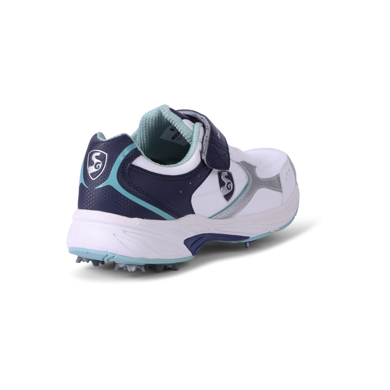 SG ARMOUR SPIKE Cricket Shoes : Unlock Peak Performance with Biomechanically Engineered Design and Advanced Stability (WHITE/NAVY/TEAL)