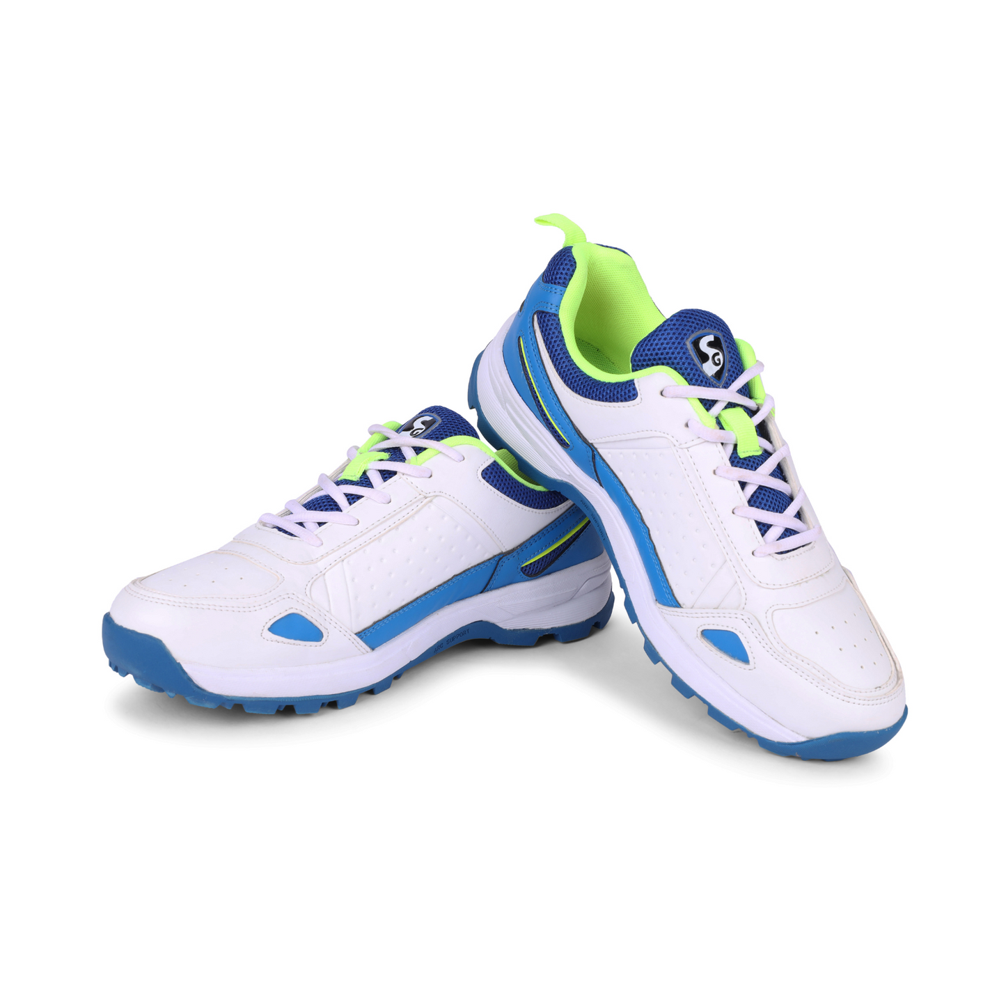 SG CLUB 6.0 Cricket Shoe: Classic White with Royal Blue and Lime Accents for Style and Performance