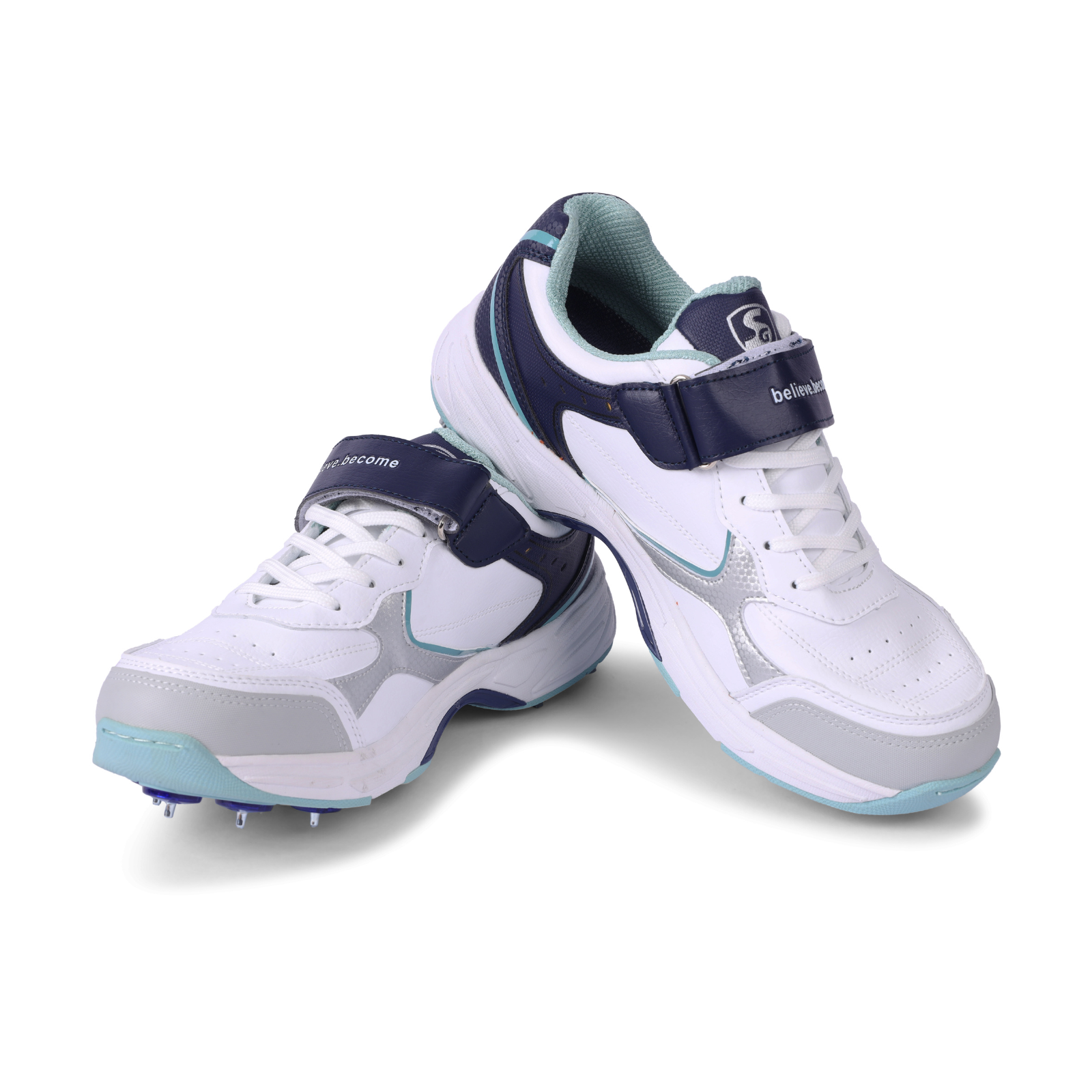 SG ARMOUR SPIKE Cricket Shoes : Unlock Peak Performance with Biomechanically Engineered Design and Advanced Stability (WHITE/NAVY/TEAL)