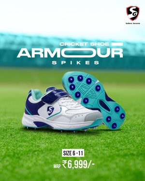 SG ARMOUR SPIKE Cricket Shoes : Unlock Peak Performance with Biomechanically Engineered Design and Advanced Stability (WHITE/NAVY/TEAL)