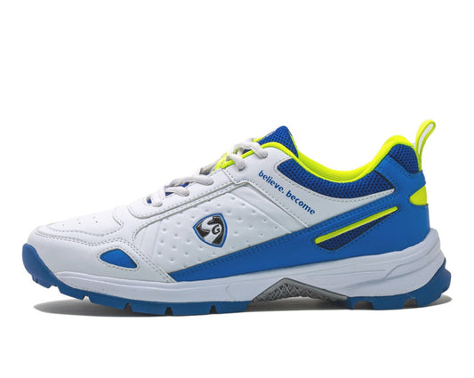 SG CLUB 6.0 Cricket Shoe: Classic White with Royal Blue and Lime Accents for Style and Performance