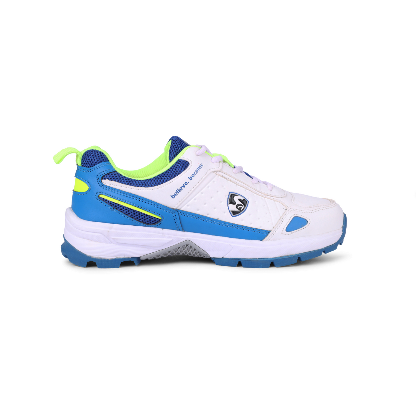 SG CLUB 6.0 Cricket Shoe: Classic White with Royal Blue and Lime Accents for Style and Performance